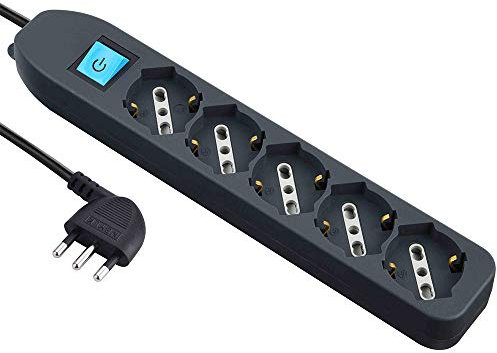 Electraline 62065 Multipresa 5 posti polivalenti (schuko + 10/16A) con Interruttore-Cavo 1,5 m Nero