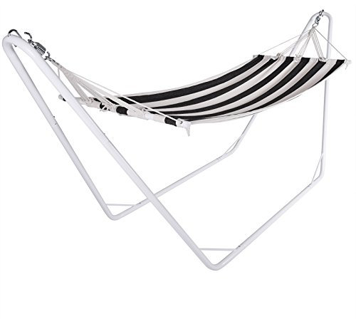 DETEX® Hängematte mit Gestell Outdoor Camping transportabel Stabhängematte Reisehängematte Baumwolle Gemisch für Garten Balkon bis 150kg Creme Schwarz