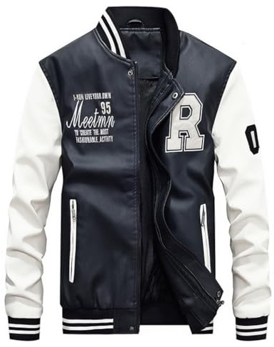 Lavnis Men's Faux Leather Jacket Casual Baseball Stand Collar Slim Fit Coat White L