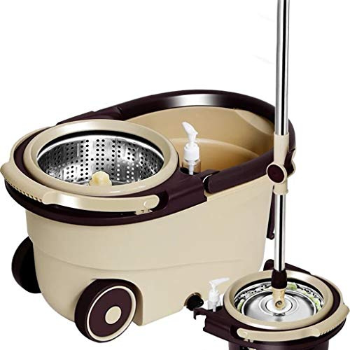 DWW Fregona giratoria de Acero Inoxidable de Lujo con manija de extensión silenciosa, Ruedas 2X, Cabezal de reemplazo de Microfibra, desagüe, dispensador de detergente, para Uso doméstico, Gris