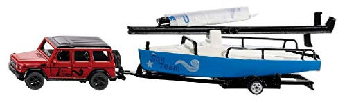 siku 2564, Mercedes-AMG G65 mit Segelboot, 1:50, Metall/Kunststoff, Rot/Blau, Inkl. Trailer aus Metall, Viele Spielfunktionen