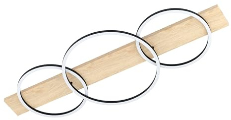 EGLO LED Deckenleuchte Boyal, 3 flammige Deckenlampe aus Holz, Metall | Kunststoff, Wohnzimmerlampe in Natur, Schwarz, Weiß, LED Flurlampe Decke warmweiß, L 101 cm