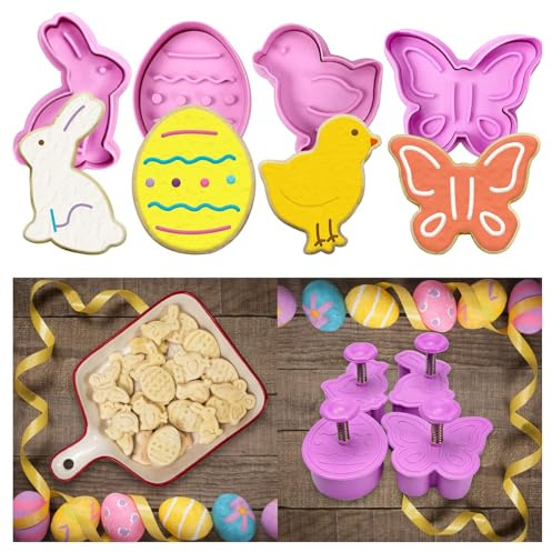 Mini 3D Easter Cookie Cutters Set, Easter Fondant Biscuit Pastry Cookie Cutter Stamp, Spring Spring-Loaded Handle Cutter Shape with Eggs, Chick, Butterfly (4 PCS)