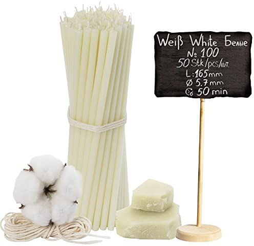 №100-50 Stk. Weiße Bienenwachskerzen-Kollektion: Traditionelle Stab- und Haushaltskerzen, Ritualkerzen sowie farbige Wachskerzen ein Set für Rituale L-16,5 cm Ø-5,7 mm, 50 Min Brenndauer