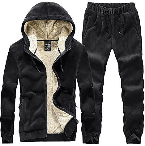 amropi Survêtement Homme Ensemble doublée de Fourrure Manteau Sweat à Capuche Jogging Tenue de Sport (Noir,XL)