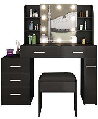 Schminktisch Set mit LED-Lichtern, Spiegel, 5 Schubladen, mit gepolstertem Hocker, Schminktisch für Mädchen Schlafzimmer (schwarz)