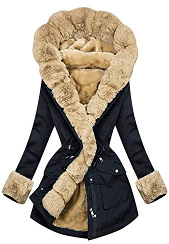 HHMY Vinterparkas dam fodrad, varmt teddyfoder kappa utomhusjacka trenchcoat med fuskpäls huva vinterrock långa ärmar tjock huvjacka midja quiltad parkas kappa, S – XXL, marinblå, S