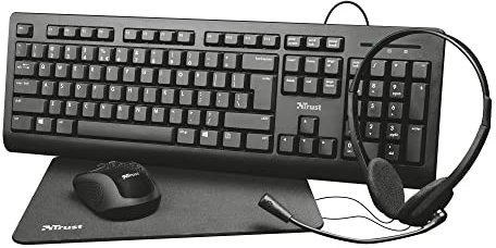Trust Primo Kit Télétravail 4-en-1 Clavier Français AZERTY, Souris sans Fil, Casque avec Micro, Tapis, Pack de Visioconférence, Ensemble pour Bureau, Travail, Windows, Mac, PC, Portable - Noir