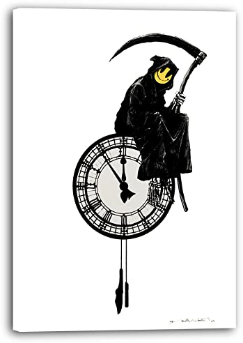 Printistico Leinwandbild Banksy Lebenszeit - Uhr als Vergänglichkeit - Moderner Kunstdruck Wanddekoration, Klein bis Groß XXL