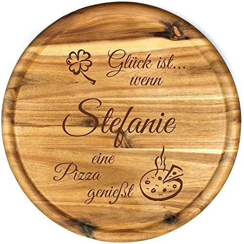 Sterngraf Pizzateller mit Gravur (Namen) personalisiertes Holz Pizzabrett 32cm Akazienholz - Geschenkidee zum Geburtstag, Geschenke Jahrestag Jubiläum, MotivP1 Glück ist