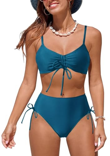 NLAND Costumi da Bagno Mare Donna Costume Due Pezzi Ruched Bikini Set EstateRegolabile Reggiseno Spiaggia con Slip Vita Alta(Verde Scuro XL)