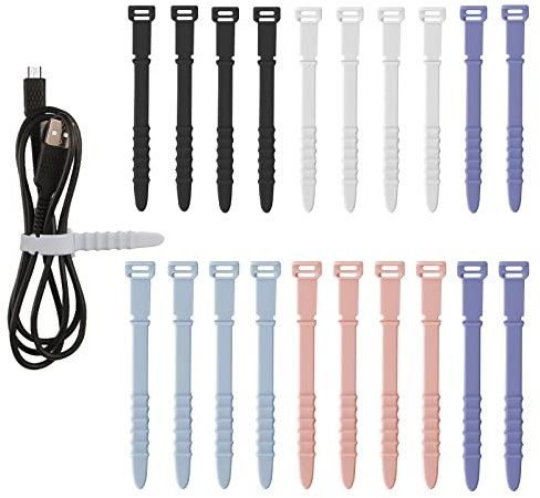 SAVITA 20pcs Silicone Cable Ties, 4.5inch Cable Ties Reusable Zip Ties Elastic Silicone Cord Organizer Straps Ties for Charging Cables USB Cables Earphones Line(Black, White, Blue, Pink, Purple)