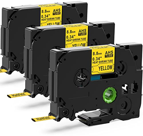3x Kompatibel mit Brother P-touch Schrumpfschlauch HSe-621 HS 8.8mm Bänder | MarkField Schwarz auf Gelb HSe-621 HSe621 8.8mm Schriftband Heat Shrink Tube, für Ptouch PT-E110 E300/VP E550W/WVP P750WVP
