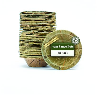Tapari Disposable Sauce Ramekins - 50 Pack Mini Sauce Pots - 7cm Diameter - Made from Sturdy & Eco-Friendly Sal Leaves - 100% Compostable & Biodegradable Disposable Leaf Soufflé pots - 30ml, Green