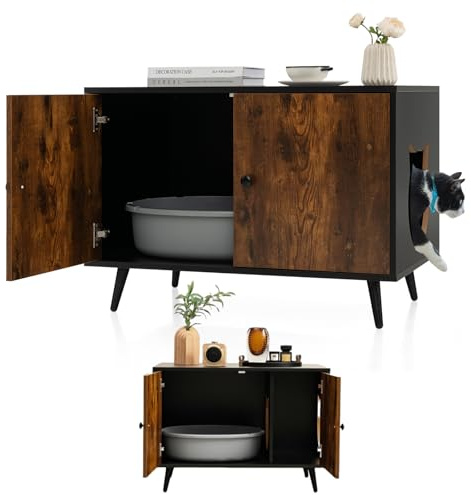COSTWAY Maison de Toilette pour Chat à Double Portes, Meuble Cache Litiere Chat Industriel en Bois avec 4 Pieds en Métal Détachable, Meuble pour Chat 2 Parties Séparées, 80x50x57cm