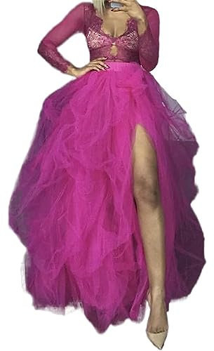 Falda larga de tul tutú para mujer, falda acampanada de malla abombada, longitud hasta el suelo, medio vestido con volantes, falda de princesa, Fucsia, Talla única
