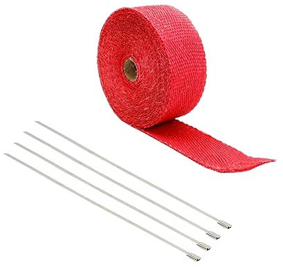 ibasenice Auspuff Hitzeschutzband 1,5mm x 25mm x 5m Faserwickelrolle Rot Mit Kabelbindern Für Auto Und Motorrad Auspuffummantelung Hitzebeständig Zur Motorleistungsteigerung