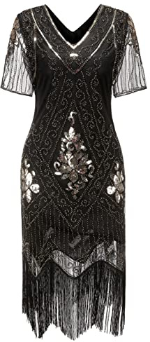 Gionforsy Damen 1920s Kleid mit Pailletten Kurzem Ärmel 20er Jahre Flapper Kostüm Kleid für Great Gatsby Motto Party Halloween Karneval Fasching (Gold Schwarz, XL)
