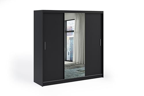 ELUKS OVI Double Sliding Doors Wardrobe with Mirror Furniture for Bedroom Living Room and Hall Wardrobe Organizer Width 100cm/120cm/150cm/180cm/200cm (Black, 200cm)