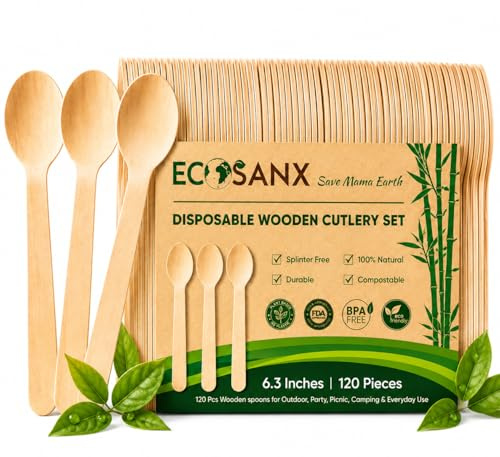120 PCs Wooden Spoons Set, 6.5 Splinter Free Disposable Spoons for Parties, Eco-Friendly, Substitute for Plastic Cutlery & Bamboo Cutlery - Disposable Tableware for Outdoor, Camping, Events & More