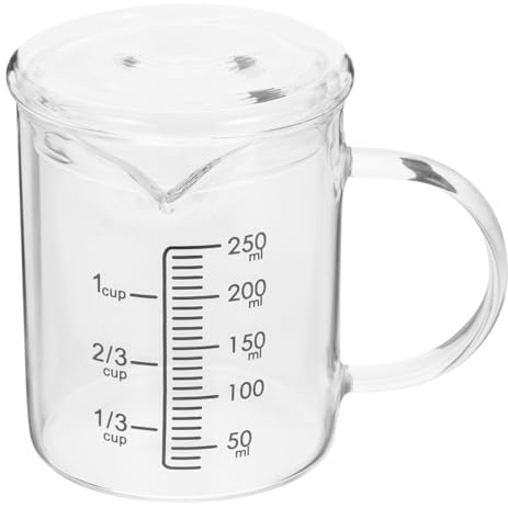 ABOOFAN Vaso medidor multifunción de vidrio con escala 250 ml, resistente al calor y suave para cocina y hornear con tapa de cristal