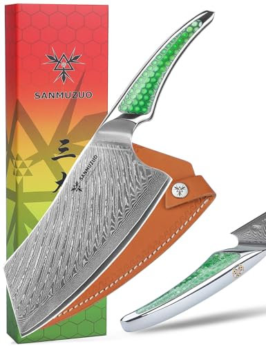 SANMUZUO Coltello Nakiri da 18CM, coltello da carne giapponese in acciaio damasco VG-10, coltello da verdura ultra affilato con impugnatura a codolo intero in resina verde, serie LA-S9