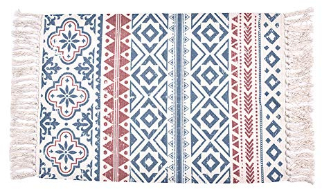 EAZHOP Baumwolle und Leinen böhmischer Teppich mit Quasten Kleiner geflochtener Teppich 60x90cm Vintage Bauernhof Dekoration waschbar Küche Bad Schlafzimmer Waschküche Eingang Innen