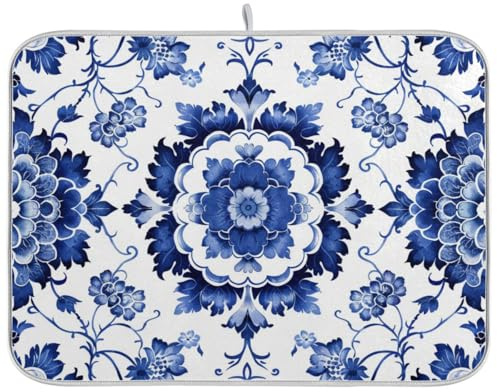 Boho Dish Mat for Kitchen Counter, Blue White Porcelain Pattern Drying Pad Absorbent Dishes Drainer Mats Trivet 18 x 24 Inch