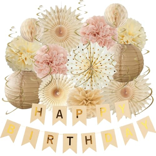 Décorations nautres rose poudré Éventails et lanternes à pompons en papier pour fête rustique beige