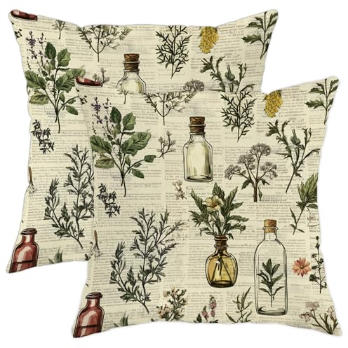 Herbal Pillow Covers Set of 2, Green Botanical Plant Throw Pillows Case, Spring Decorative Square Vintage Decor Cushion Covers for Home Sofa Bed Couch 18x18 Inch