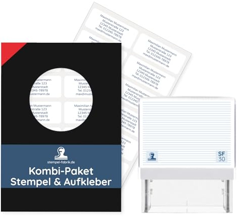 Kombi-Paket Stempel & Adressaufkleber (wetterfest, UV_Beständig) - personalisierter Firmenstempel, Adressstempel, Namensstempel oder Familienstempel (1 Stempel & 120 Aufkleber) (Medium (5 Zeilen))