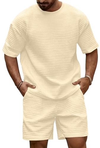 KUYIGO Men's Tracksuits 2 Piece Outfits Short Sleeve Crew Neck Waffle Texture Pullover Tracksuit Set Sweatshirt and Joggers Waffle Tops Bottoms Casual Sport Activewear Suit