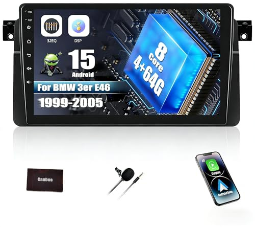 SIXWIN 8-Core 4+64G Android 15 Radio Coche para BMW 3er E46 1999-2005, con CarPlay Android Auto DSP,9 Pulgadas Pantalla Táctil,1280 * 720,con GPS WiFi BT USB FM RDS Radio Mirror Link