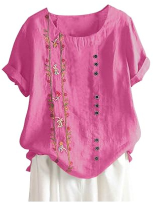 Keepink Womens Tops Cotton Linen Embroidered Top Floral Loose Fit Tunic Blouse Short Sleeve Summer Shirts Boho Peasant T Shirts Ladies Tees Trendy Going Out Beach Holiday Clothes
