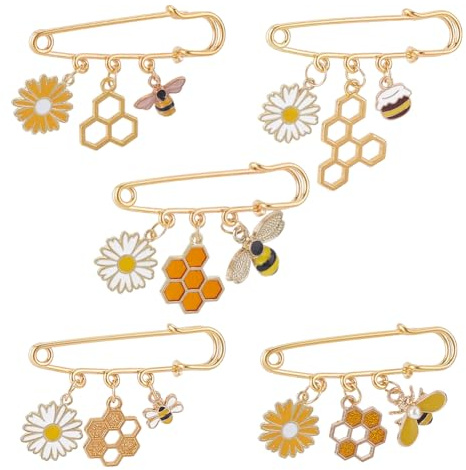 PH PandaHall 5 Styles Broches Abeille Marguerite 5pcs Épingles de Sûreté Broches en Alliage Émaillé Pull Châle Clips pour Vêtements Robe Décoration Accessoires Fête de Mariage Femmes Dorées