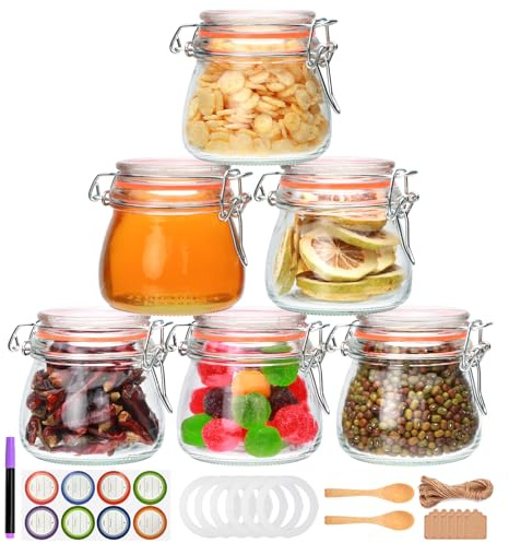 Flrolove 5oz 6pack Glass Jars with Airtight Lid, Glass Food Storage Containers with Lids, Mason Jars, Wire Clip Fastening for Cereal, Flour, Cookie, Spice, Honey, Kitchen Canning