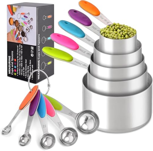 Juego de 10 tazas medidoras y cucharas medidoras, de acero inoxidable de grado alimenticio, para cocinar, hornear, multicolor