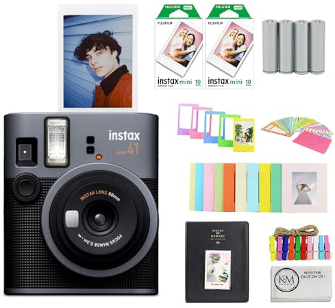 FUJIFILM INSTAX Mini 41 Instant Camera Bundle with Instax Mini Film | 20 Exposures + 4 Pack AA Batteries + Album, Borders, Stickers & Clips + Cleaning Cloth (5 Items)