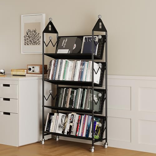 Bücherturm Mit 360° Schwenkbaren Rädern, Bücherregal Aus Metall Stehend, 3/4 Ebenen Aufbewahrungsregal, Vertikale Schwebende, Organizer Für Schwere Verwendung(Black,149cm/58.7in)