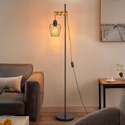 ZMH Stehlampe Wohnzimmer Holz Stehleuchte Vintage E27 im Industrial Design | Wohnzimmerlampe stehend Schwarz Standleuchte aus Metall Retro Standlampe für Schlafzimmer (ohne Leuchtmittel)