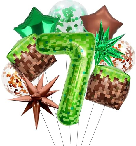 DazzJoy Pixel Geburtstagsdeko 7 Jahre Junge, Pixel Miner Luftballon 7 Jahre Junge, Grün Pixel 40 Zoll Luftballons Zahlen 7, Folienballon 7 Geburtstag Jungen, Ballon 7. Geburtstag Jungen