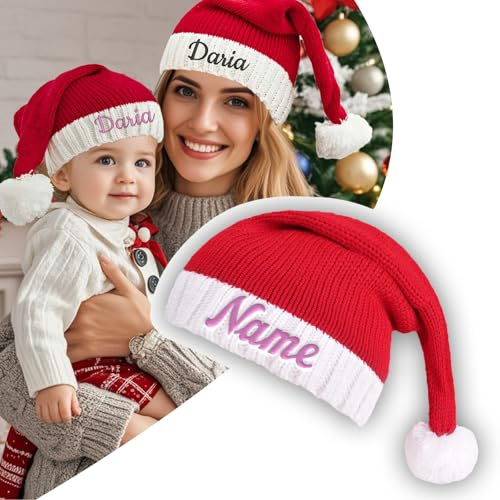 Generisch Personalisierte Weihnachtsmütze mit Text, aus Gestrickter Baumwolle, Einzigartige Mütze für Kinder und Erwachsene