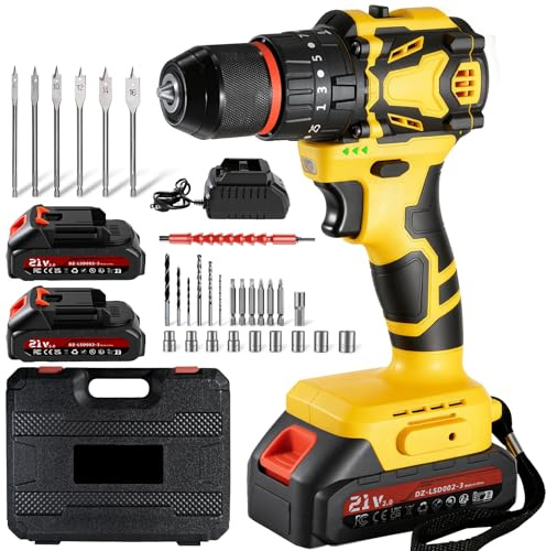 Taladro Percutor a Bateria Sin Escobillas,21V Taladro Atornillador Batería con 2 Baterías 2.0Ah,70Nm,25+3 Ajuste de Par,2 Velocidades, LED Luz, 29 Accesorios, Para Bricolaje