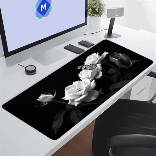 Grand Tapis de Souris Gamer 1200x600x3 mm Fleurs Blanches Tapis de Souris Gaming Protecteur de Bureau XXL Lavable Améliore la précision et la Vitesse pour PC Laptop