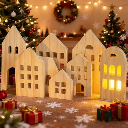 Zecnaud Weihnachtshäuser Holz, 7 Stück Weihnachtsdeko Holz Haus Tischdeko Weihnachten Holzhaus Deko Häuser Weihnachten, Weihnachtsdeko Innen Weihnachtsdorf für Weihnachtsdeko Tisch (A)