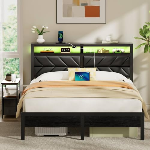 Rolanstar Bett 140x200cm mit LED Beleuchtung, Metallbett mit Gepolstertem Kopfteil & Stauraum, Bettgestell 140x200 Doppelbett mit Steckdose und Ladefunktion, Bettrahmen mit Lattenrost für Schlafzimmer