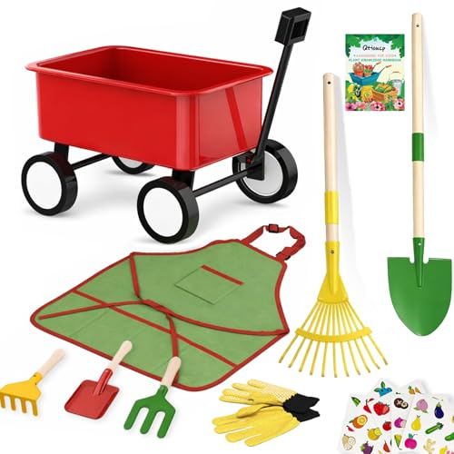 Qtioucp Kids Gardening Wheelbarrow Set, Metal & Wooden Garden Tools for Kids Ages 3-8, Real Wheelbarrows with Apron, Gloves & STEM Guide, Outdoor Backyard Garden Toy Gift