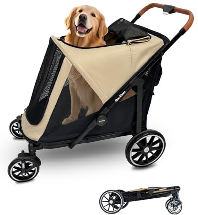 Quolliter Hundewagen bis 50kg für 2 Große Hunde | Ein-Taste-Zusammenklappung, 360° Verschleißfeste Gummiräder, Netzfenstern, Hundebuggy