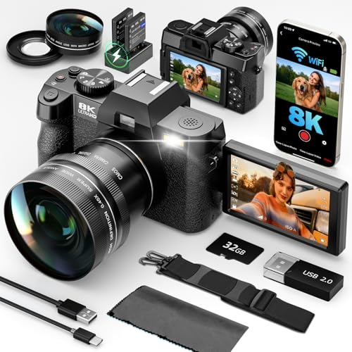 G-Anica 8K Capable Vlogging Camera & 64MP Digital Camera – AI-Enhanced Ultra HD Video, Advanced Digital Zoom, WiFi App Control – Pro Creator Kit with Wide-Angle/Macro Lenses,and 32GB TF Card (Black)