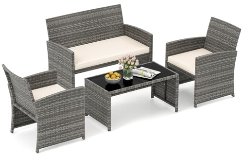 COSTWAY Set Conversazione da Giardino 4 Pezzi, Divanetto e Tavolo in Rattan con Cuscini Imbottiti e Piano in Vetro Temperato, Set Mobili da Esterno in Vimini per Veranda e Balcone (Mix Grigio-Bianco)